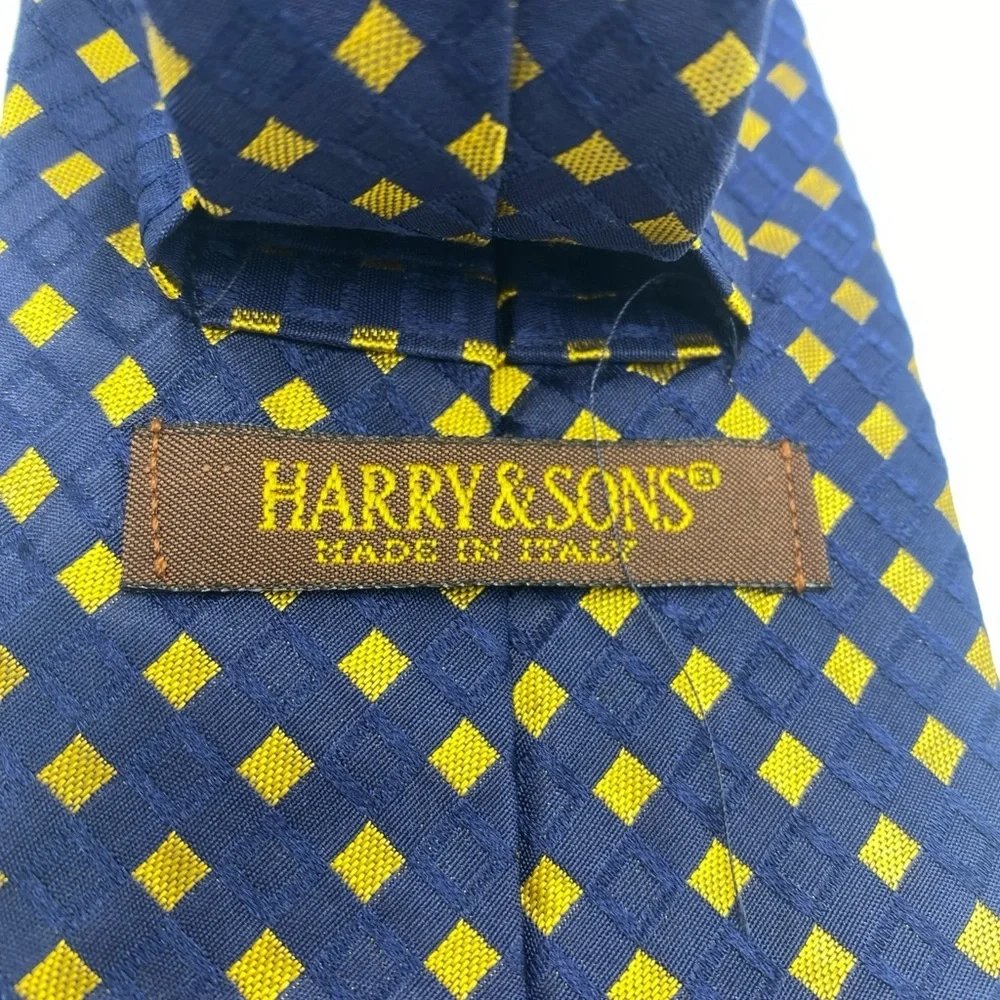 Harry & Sons Mens Vintage Italian Silk Blue Gold Tie Textured Diamond Italy